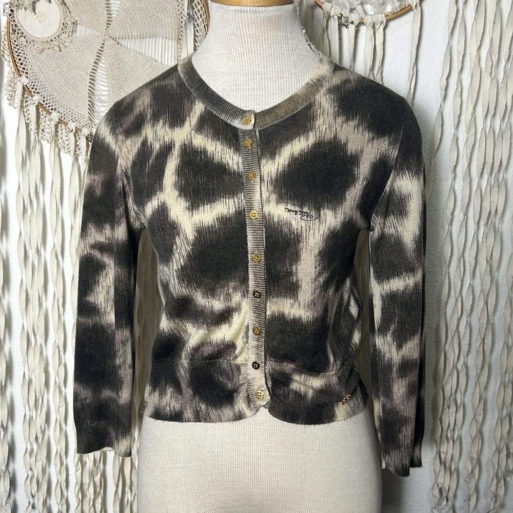 SOLD Roberto Cavalli Giraffe Print Cashmere Silk Blend Button Front Cardigan